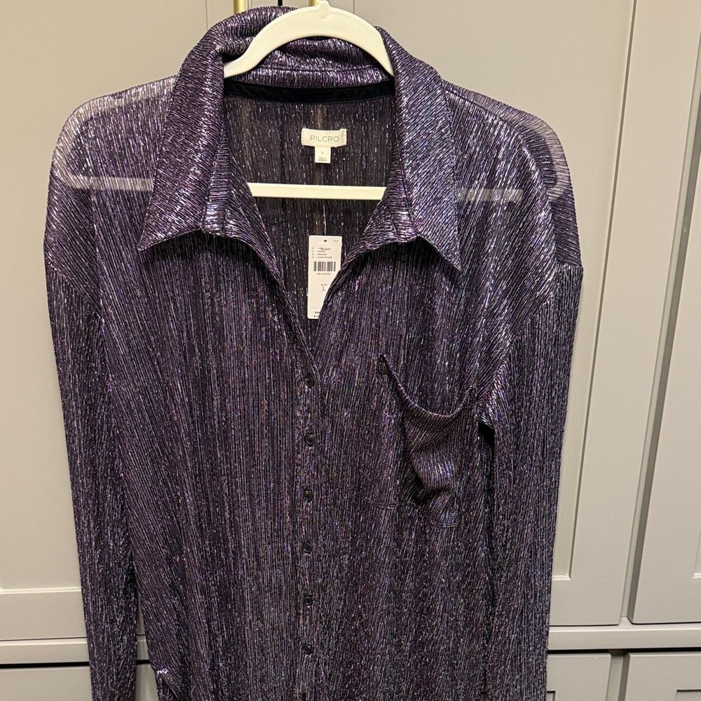 Maeve Metallic Purple Button-Up Blouse